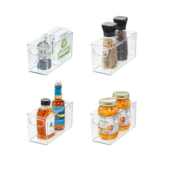 iDesign 4-Piece Recycled Plastic Small Stackable Kitchen Organizer Bin with Integrated Handles for Kitchen, Fridge, Freezer, Pantry & Cabinet Organization, 10" x 4" x 5", Clear