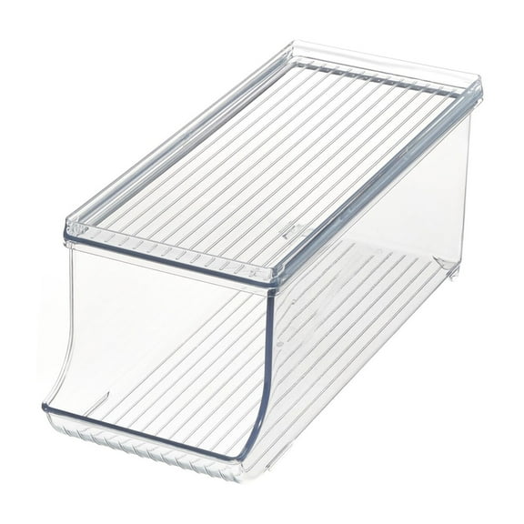 iDesign Recycled Plastic Beverage Fridge Organizer Bin with Lid 13.84" x 5.7" x 5.8", Clear Plastic
