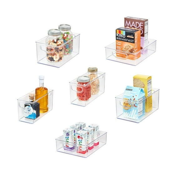 iDesign 6-Piece Recycled Plastic Small Stackable Kitchen Organizer Bin with Integrated Handles for Kitchen, Fridge, Freezer, Pantry & Cabinet Organization  Various Sizes, Clear