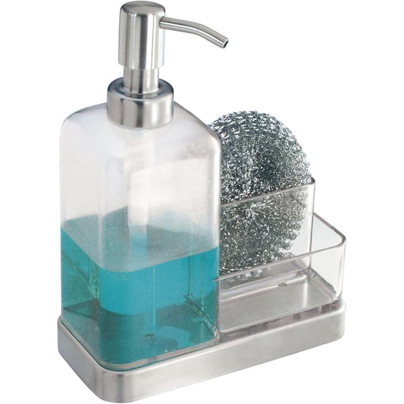 iDesign 67080 Forma Plastic Soap Pump with Caddy, Dispenser Storage Compartment for Bathroom, Kitchen Countertops, Sinks, Set of 1, Stainless