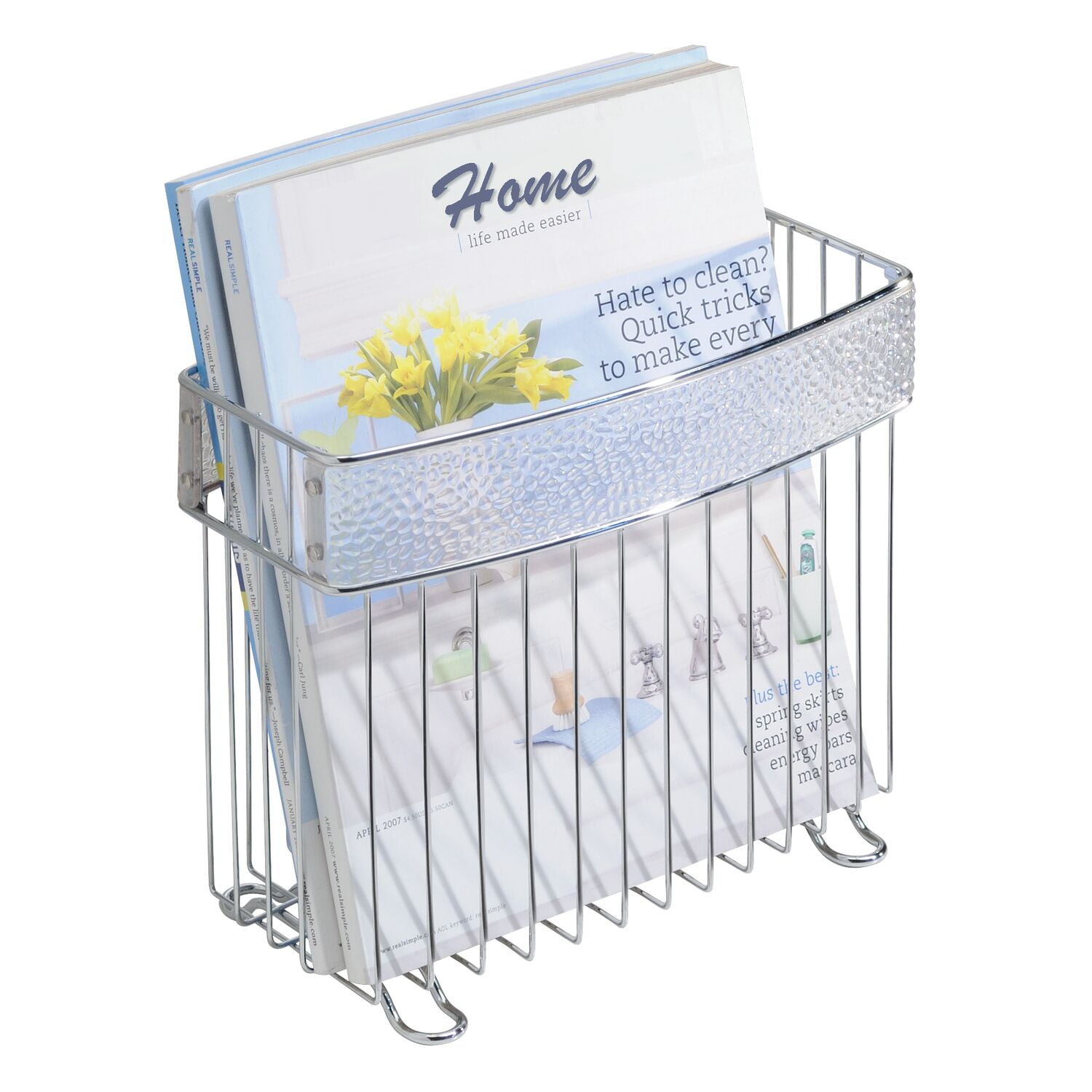Silver Chrome Freestanding Magazine Holder with Plastic Panels