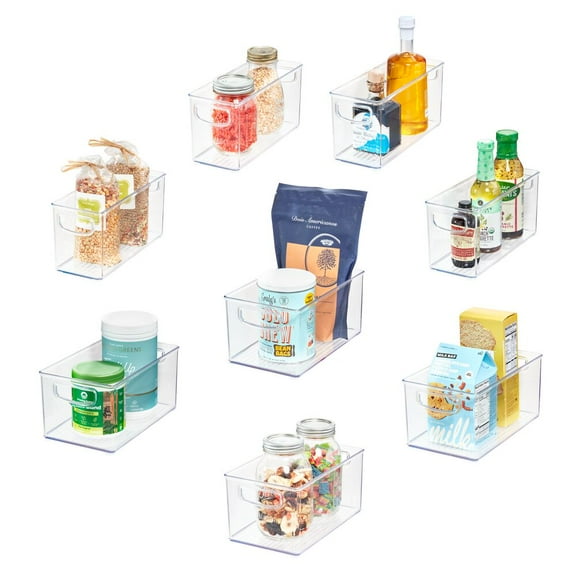 iDesign 8-Piece Recycled Plastic Small Stackable Kitchen Organizer Bin with Integrated Handles for Kitchen, Fridge, Freezer, Pantry & Cabinet Organization Various Sizes, Clear