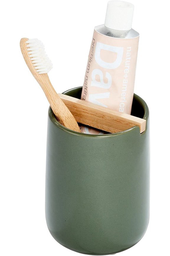 iDesign Ceramic Earth Collection Toothbrush Holder with Paulownia Wood Divider, Moss/Natural Wood