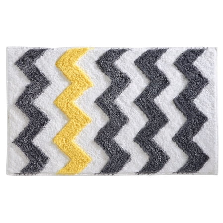 iDesign, Chevron Bath Rug, Machine Washable Microfiber Accent Rug for Bathroom, Kitchen, Bedroom, 34" x 21", Gray and Yellow