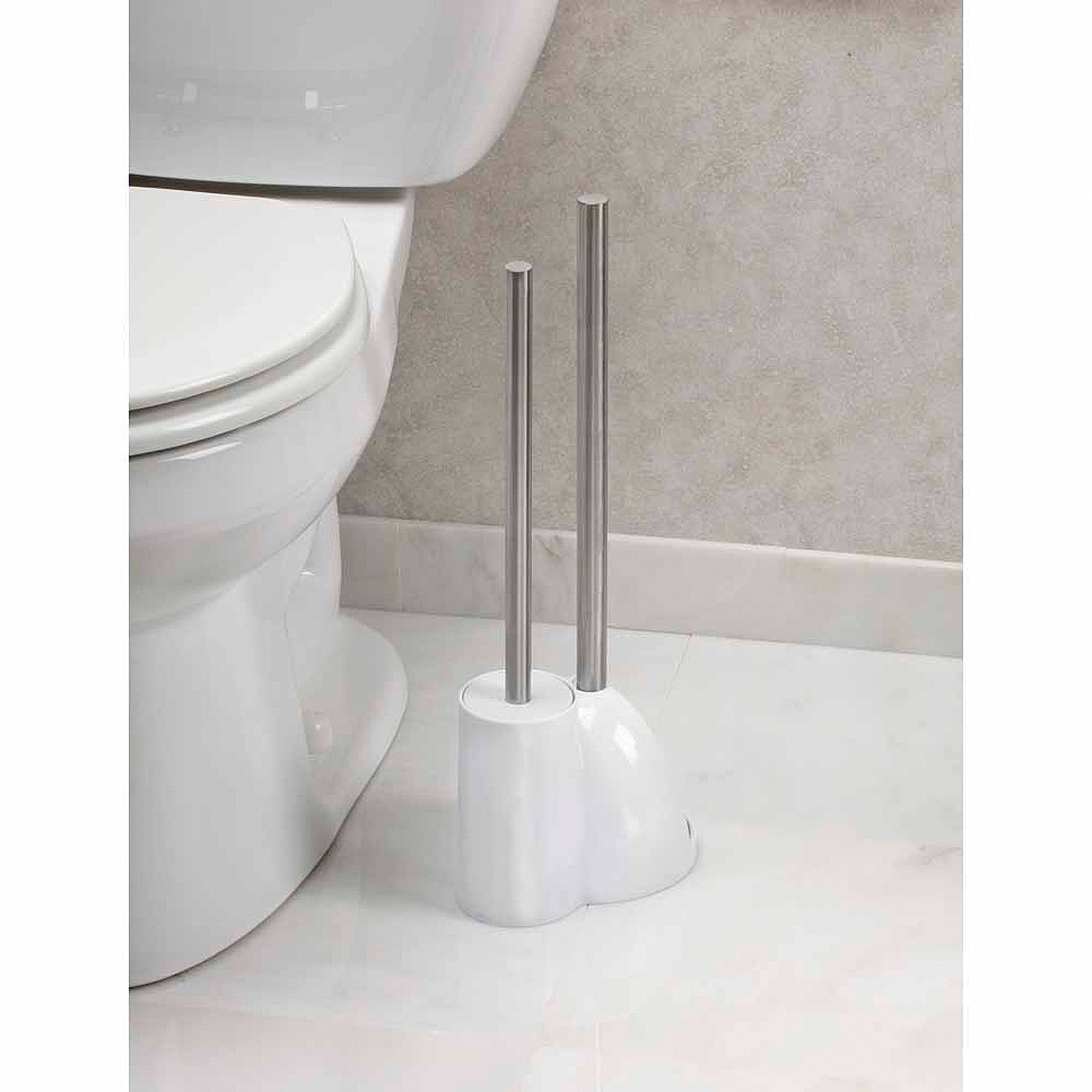 White Plastic Toilet Brush and Plunger Set with Stainless Steel Handles