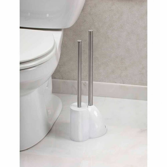 iDesign Floor Toilet Bowl Brush and Plunger Set for Bathroom, White/Brushed Stainless Steel