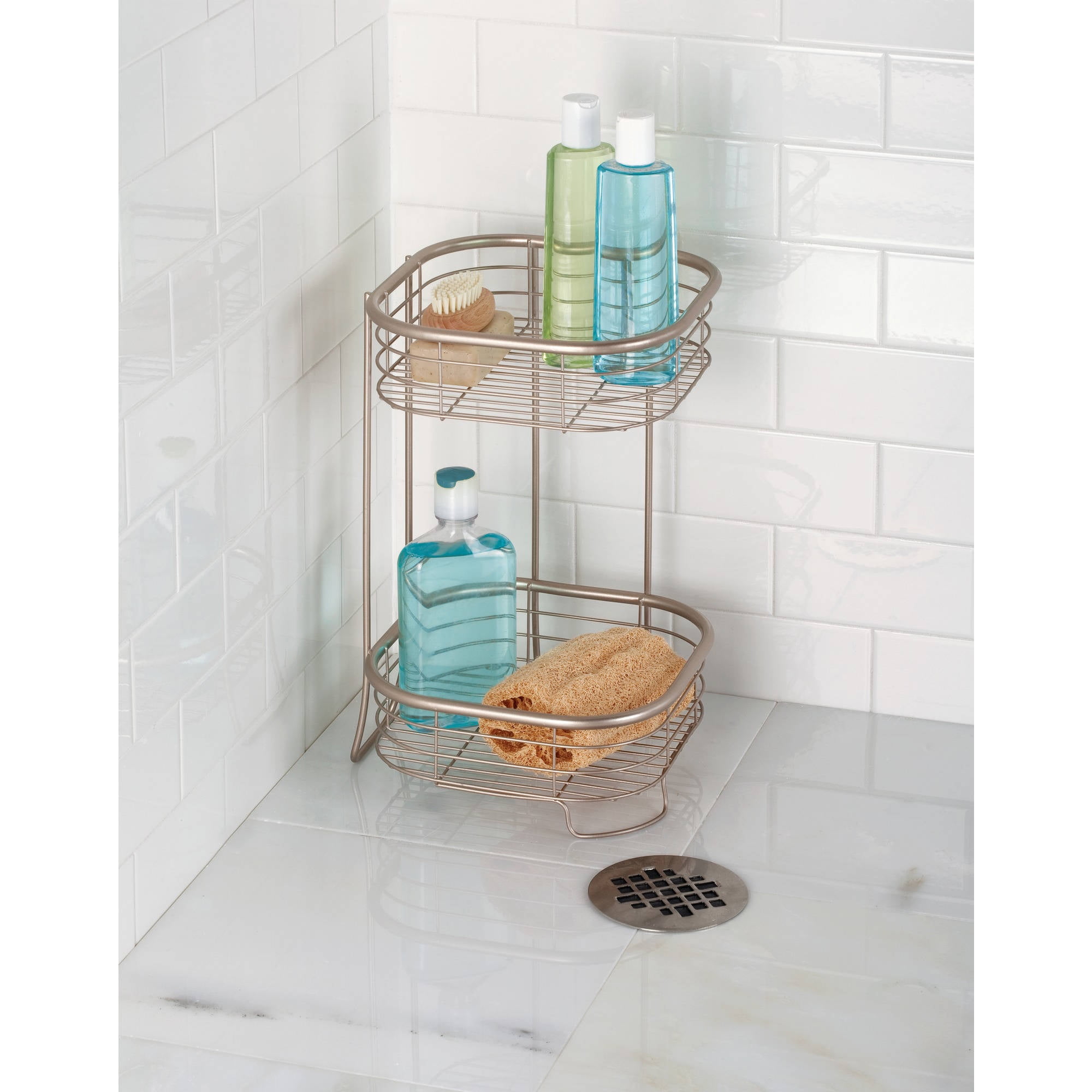 Satin Silver Metal 2-Tier Corner Shower Caddy Organizer