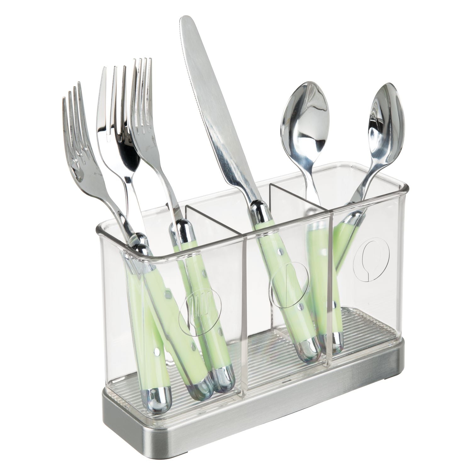 Clear Plastic and Stainless Steel Utensil Holder with 3 Compartments