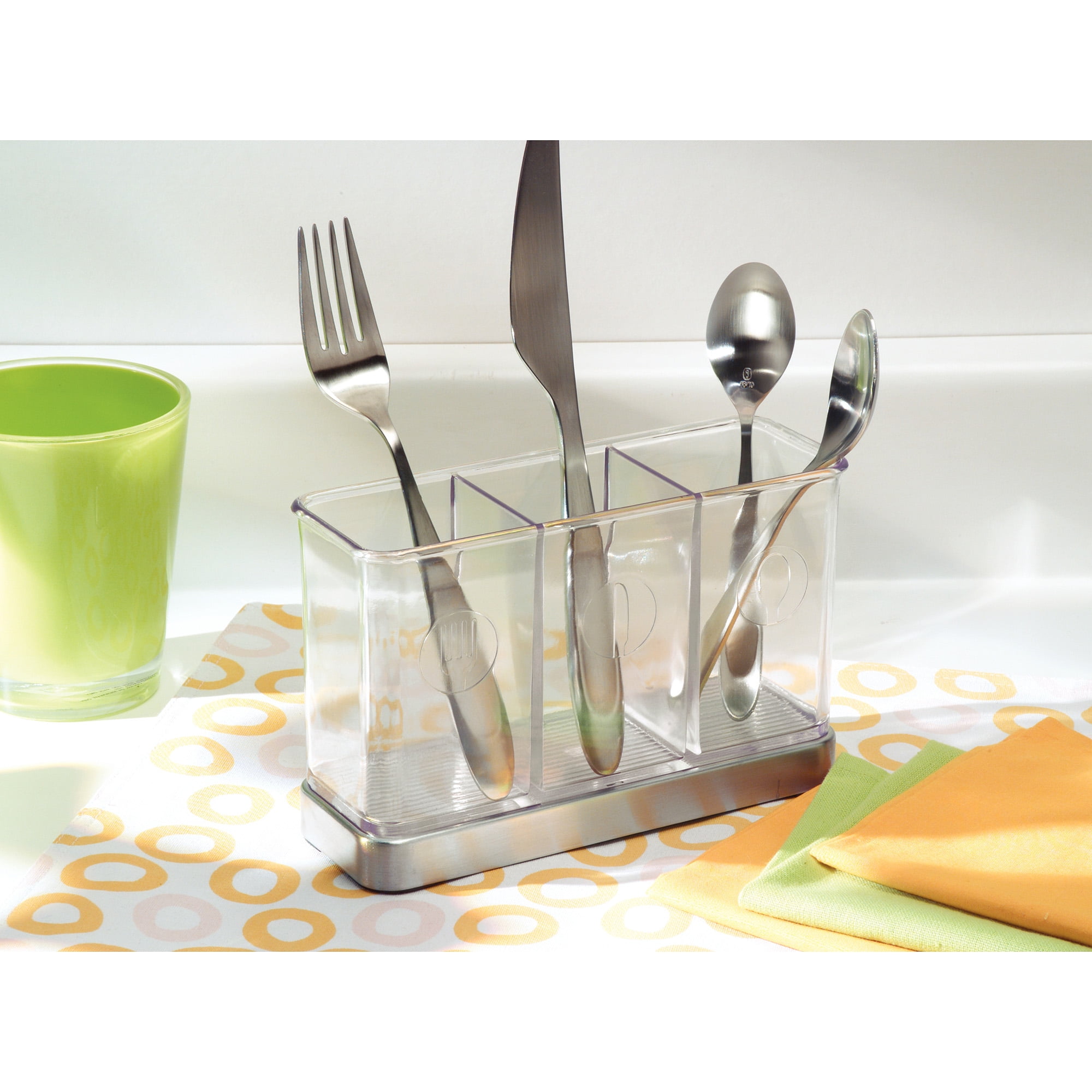 Clear Plastic and Stainless Steel Utensil Holder with 3 Compartments