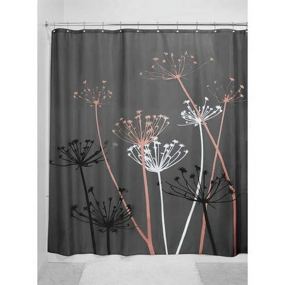 iDesign Gray/Coral Thistle Fabric Shower Curtain, Standard 72" x 72", iDesign