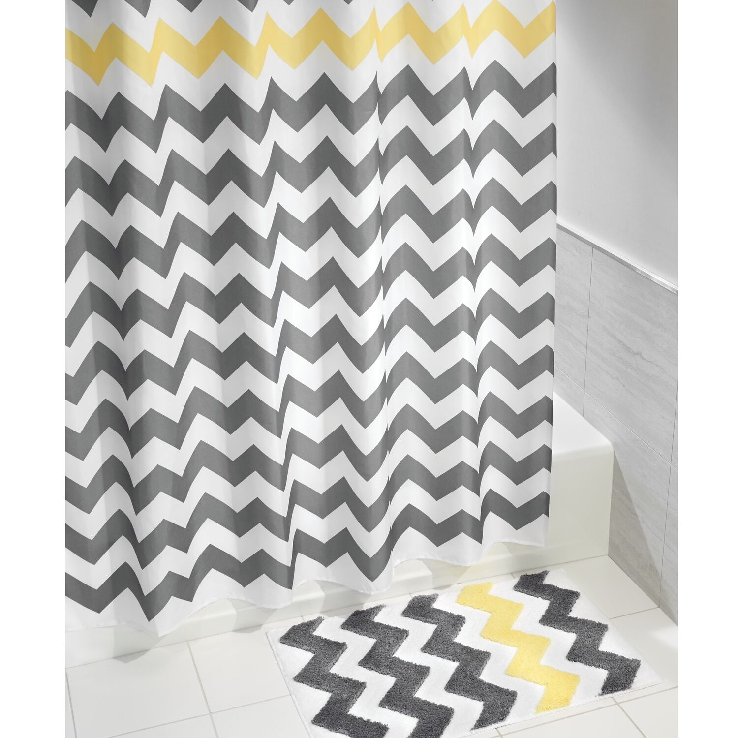 iDesign Gray and Yellow Chevron Microfiber Bath Rug, 34" x 21