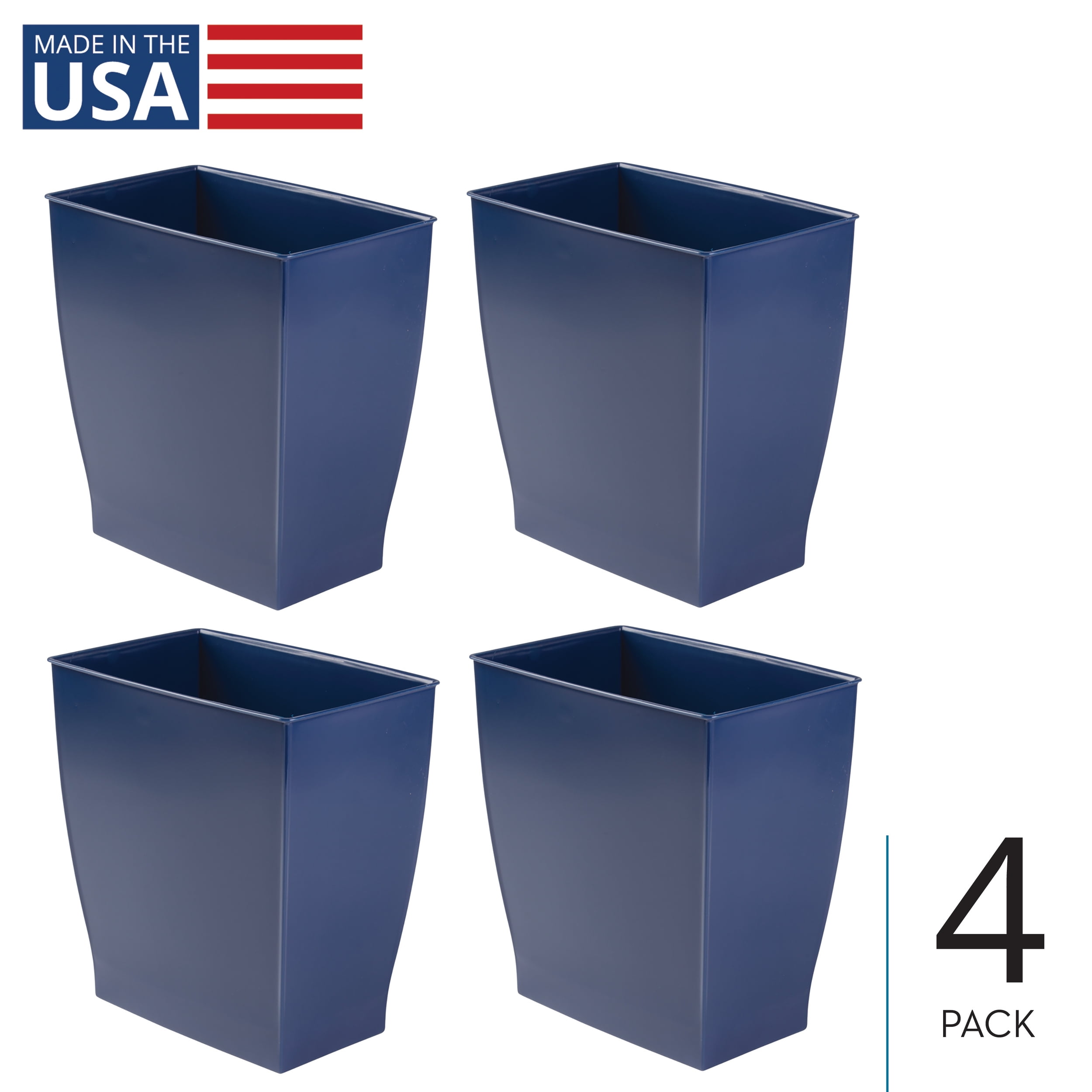 iDesign Plastic Bathroom Vanity Trash Can, 2.5 Gallon/9.5L. Modern Garbage Can for Bedroom, Office, 4-Pack, Navy