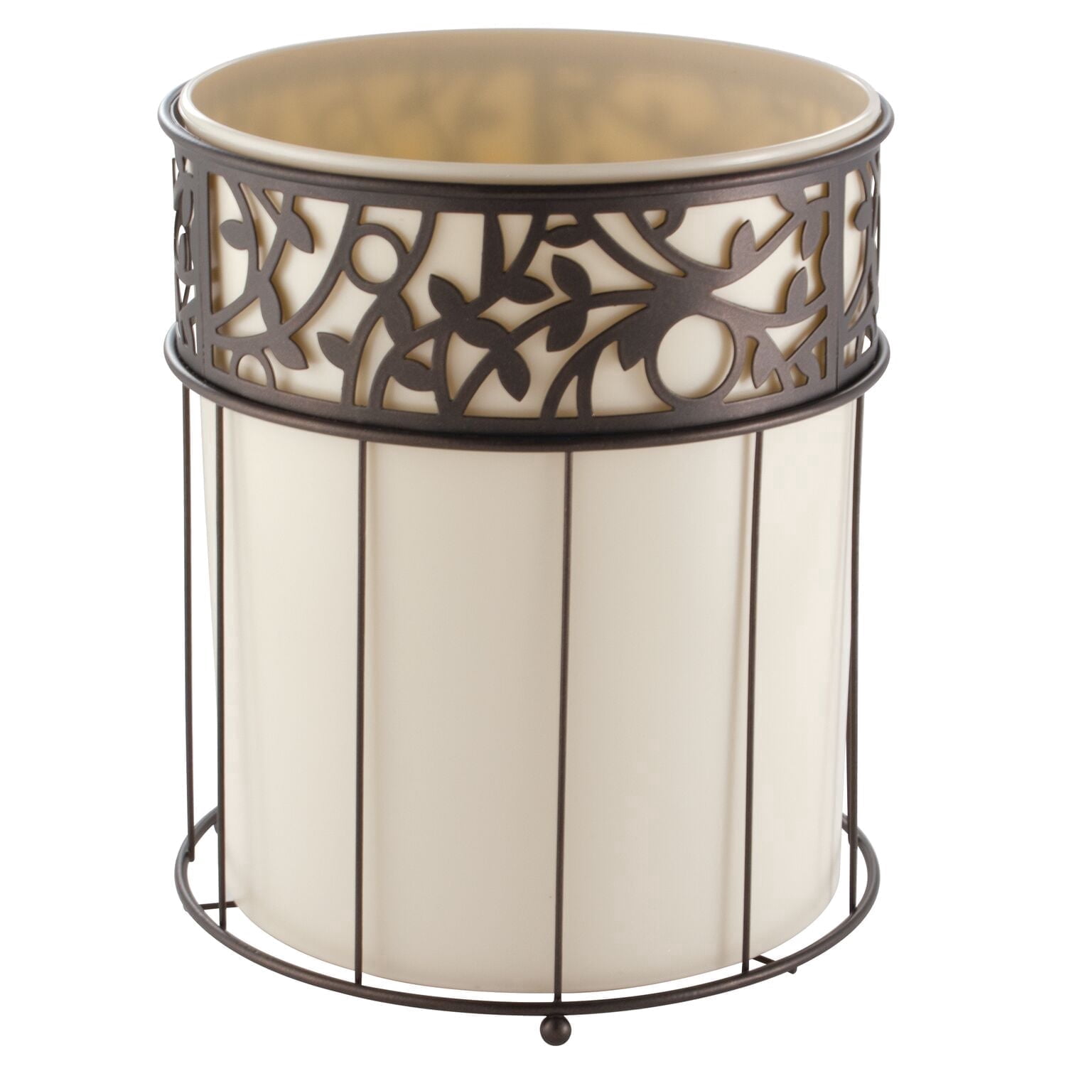 iDesign Vine Bathroom Trash Can, 1.8 Gallon Decorative Steel Open Top Garbage Bin, Vanilla (Cream)/Bronze