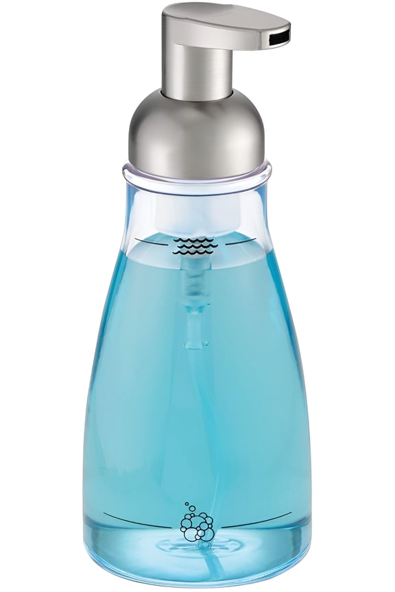iDesign Plastic Foaming Soap Pump Dispenser Holds 14 oz. for Kitchen, Bathroom, Sink, Vanity, 3" x 3" x 7.5", Clear and Brushed Nickel