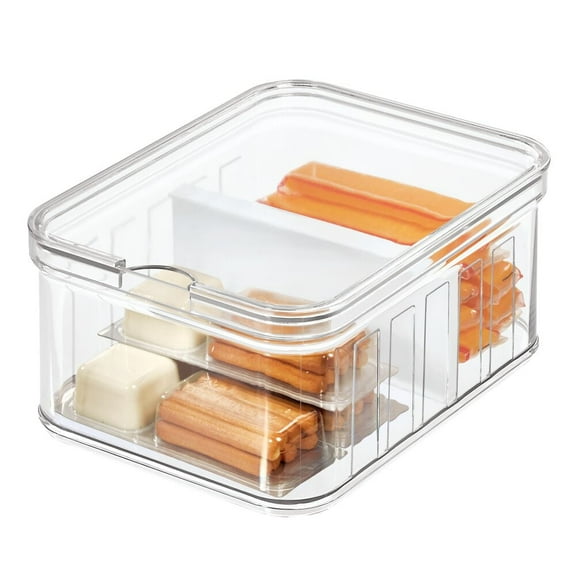 iDesign Plastic Refrigerator and Pantry Divided Bin, Modular Stacking Food Storage Box for Freezer, 8" x 6" x 4", Clear and White