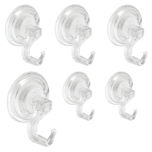 iDesign Plastic Set of 6 Power Lock Suction Cup Hooks, (2) 1.75" x 1" hooks, (3) 2.5" x 1.5" hooks, and (1) 3" x 2"