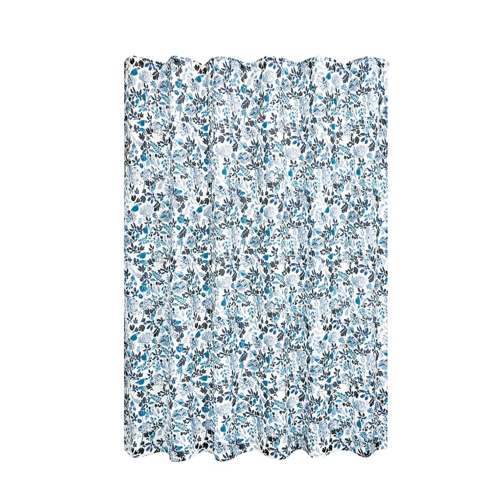 Indigo and Blue Floral Print Polyester Shower Curtain, 72" x 72"