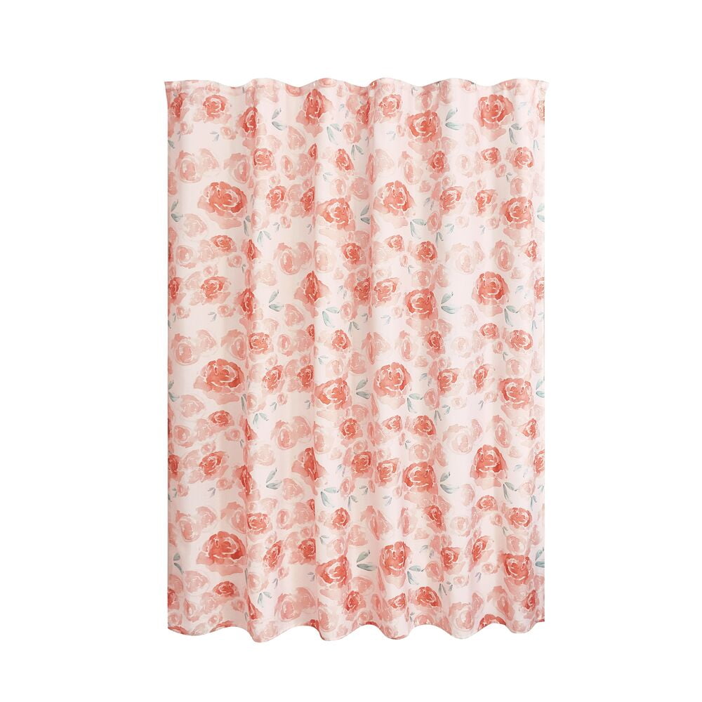 Peach Watercolor Floral Polyester Shower Curtain with Buttonholes