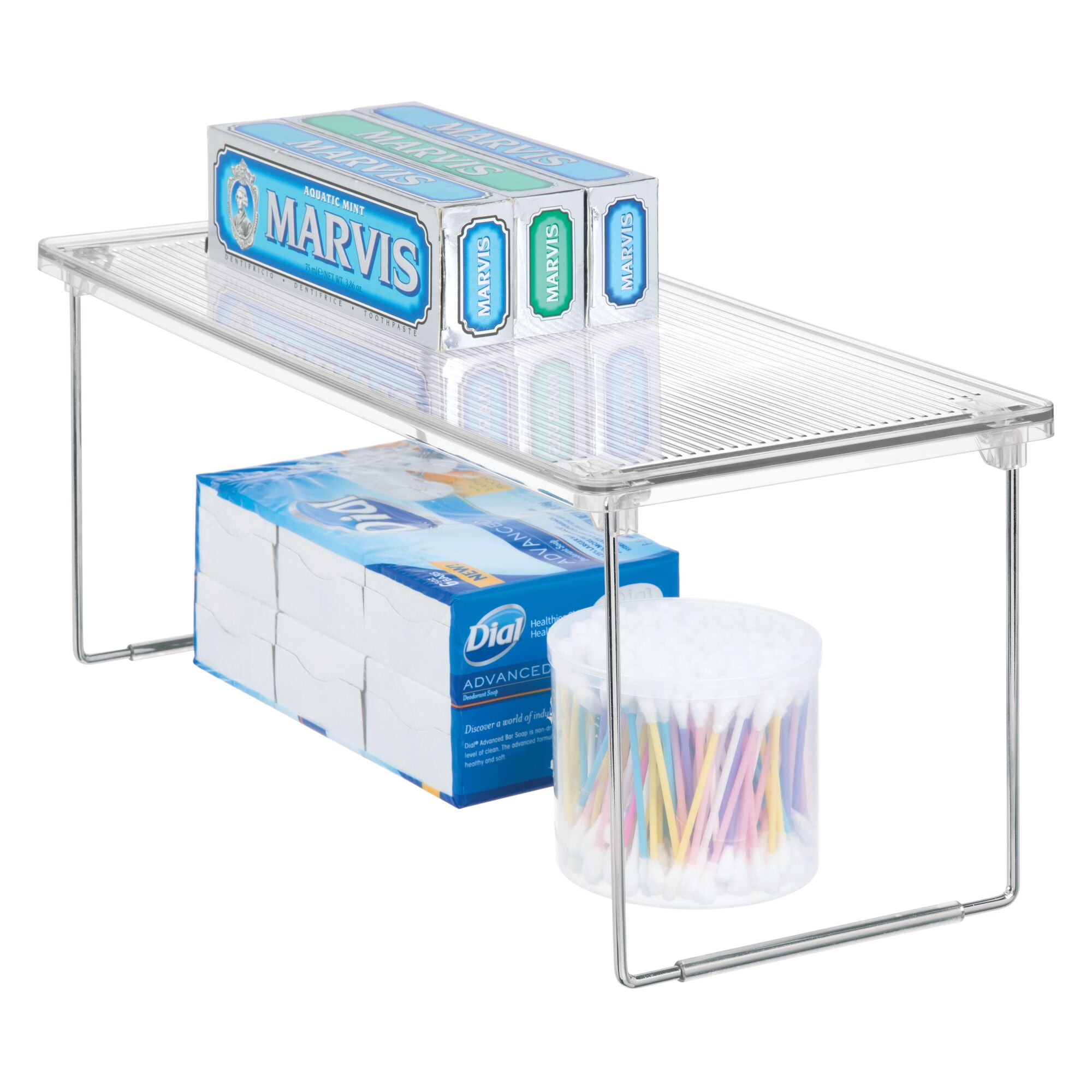 iDesign, Recycled Chloe Foldable Stacking Shelf, Clear/Chrome, 16" L x 7.5" W x 0.75" H