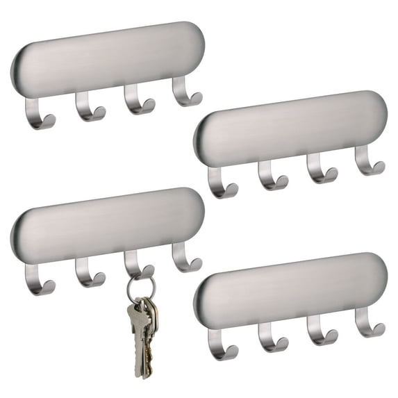 iDesign Self-Adhesive Stainless Steel Key Rack with 4 Hooks for Entryway, Hallway, and Garage