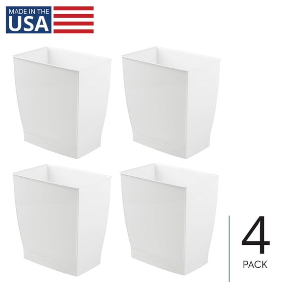 iDesign Bathroom Vanity Trash Can, 2.5 Gallon Plastic Rectangular Open Top Garbage Bin, 4 Pack, White