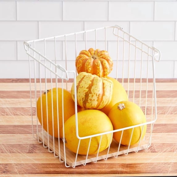 iDesign, Stackable Open Front Wood and Wire Storage Baskets, White