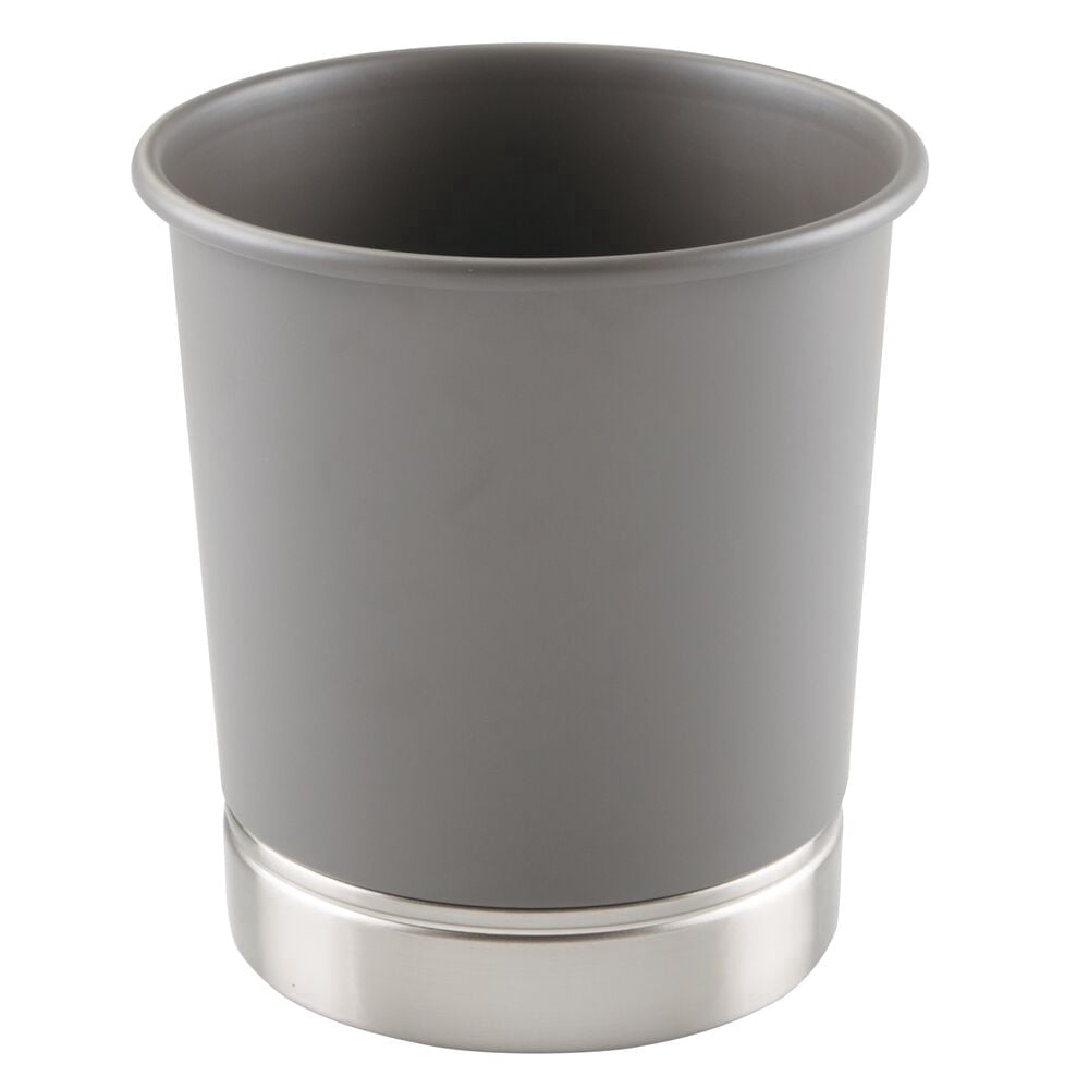 iDesign Home Office Trash Can, 2 Gallon Small Steel Round Open Top Garbage Bin, Gray/Brushed Metal Base