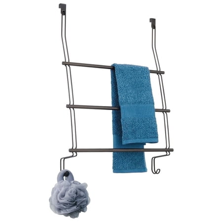 iDesign, Steel Over-The-Door Towel Rack with Storage Hooks - 16.75" x 4.25" x 24", Bronze