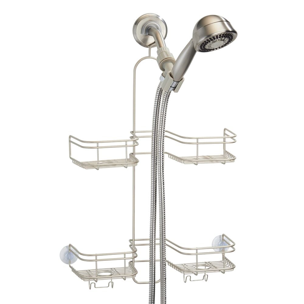 Satin Metal Over Shower Head Hanging Caddy with 4 Compartments