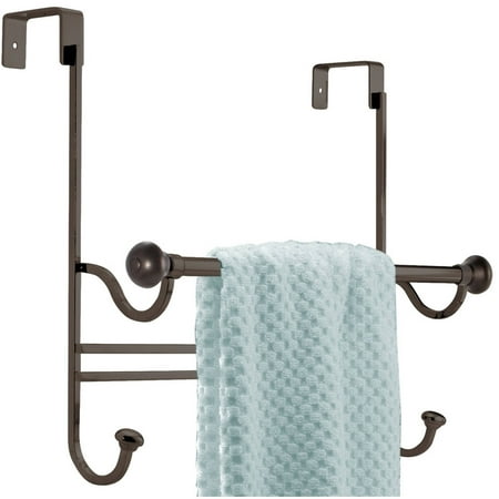 iDesign York Steel Over the Bathroom Shower Door Bath Towel Bar with Hooks, Bronze