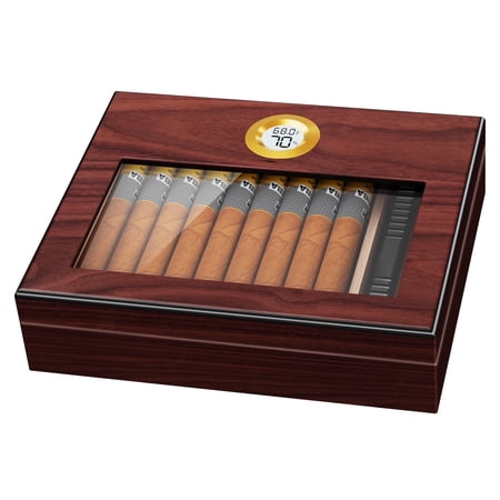iDiskk Handmade Cigar Humidity Box, Cedar Wood Humidor Cigar Box Glass Top Desktop Humidor with Digital Hygrometer Cigar Gifts for Men
