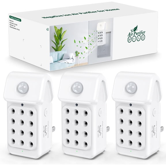 iDiskk Mini Plug-In Ionizers for Home, Portable Electric Deodorizer Negative Ionizers with Sensor Light 12 Emitting Heads 3-Pack White