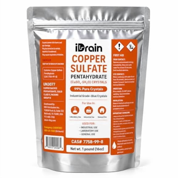 iDrain Copper Sulfate Pentahydrate Crystals 99% Pure, Root Killer for Sewer and Drain Lines, Algae Control for Ponds, Multi-Purpose Industrial Grade, Resealable Container, 1 lb / 16 oz