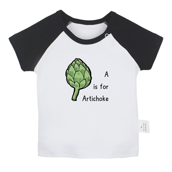 iDzn A is For Artichoke Funny T shirt For Baby, Newborn Babies T-shirts, Infant Cute Tops, 0-24M Kids Graphic Tees Clothing (Short Black Raglan T-shirt, 6-12 Months)