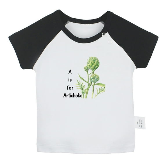 iDzn A is For Artichoke Funny T shirt For Baby, Newborn Babies T-shirts, Infant Cute Tops, 0-24M Kids Graphic Tees Clothing (Short Black Raglan T-shirt, 6-12 Months)