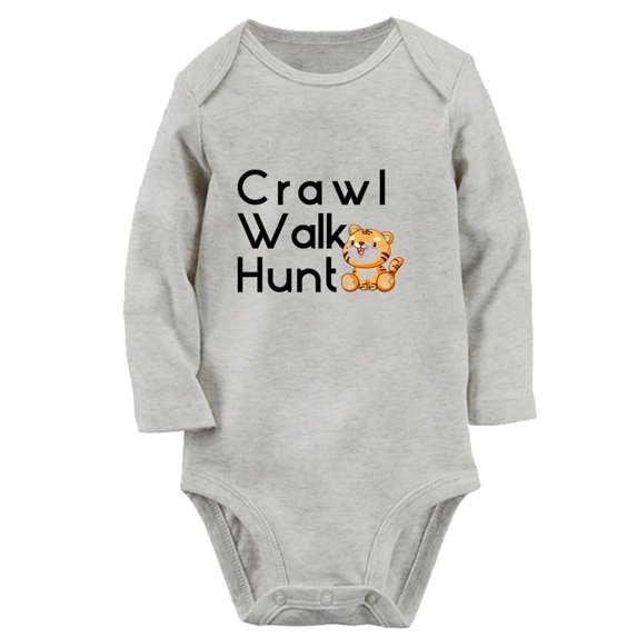 iDzn Crawl Walk Hunt Funny Rompers, Newborn Baby Unisex Bodysuits, Infant Jumpsuits, Toddler Kids Long Sleeve Oufits (Gray, 6-12 Months)