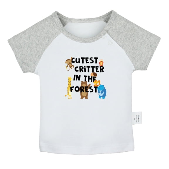 iDzn Cutest Critter In The Forest Funny T shirt For Baby, Newborn Babies T-shirts, Infant Tops, 0-24M Kids Graphic Tees Clothing (Short Gray Raglan T-shirt, 0-6 Months)