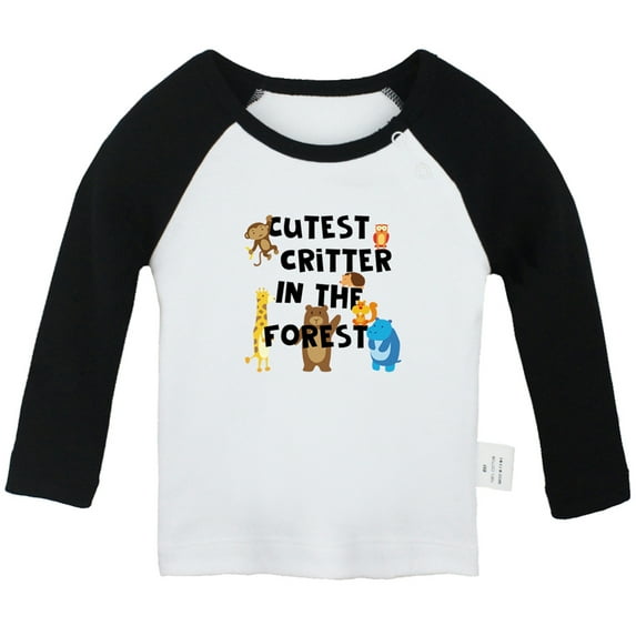 iDzn Cutest Critter In The Forest Funny T shirt For Baby, Newborn Babies T-shirts, Infant Tops, 0-24M Kids Graphic Tees Clothing (Long Black Raglan T-shirt, 6-12 Months)