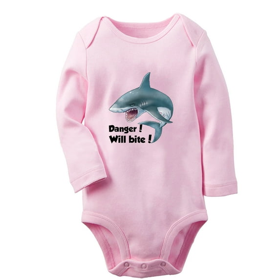 iDzn Danger Will Bite Funny Rompers, Newborn Baby Unisex Bodysuits, Infant Animal Shark Graphic Jumpsuits, Toddler Kids Long Sleeve Oufits (Pink, 6-12 Months)