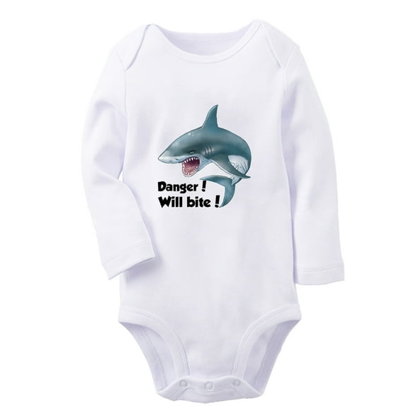 iDzn Danger Will Bite Funny Rompers, Newborn Baby Unisex Bodysuits, Infant Animal Shark Graphic Jumpsuits, Toddler Kids Long Sleeve Oufits (White, 0-6 Months)