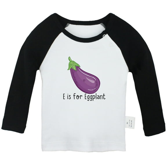 iDzn E is For Eggplant Funny T shirt For Baby, Newborn Babies T-shirts, Infant Tops, 0-24M Kids Graphic Tees Clothing (Long Black Raglan T-shirt, 0-6 Months)