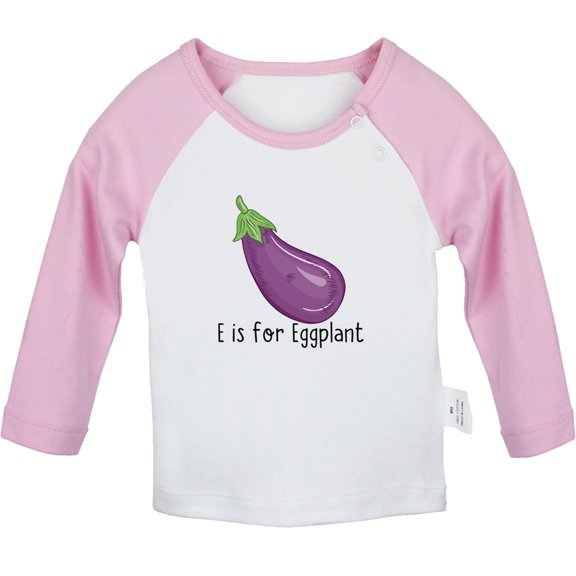 iDzn E is For Eggplant Funny T shirt For Baby, Newborn Babies T-shirts, Infant Tops, 0-24M Kids Graphic Tees Clothing (Long Pink Raglan T-shirt, 6-12 Months)