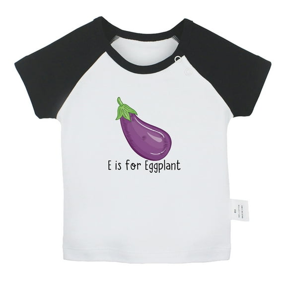 iDzn E is For Eggplant Funny T shirt For Baby, Newborn Babies T-shirts, Infant Tops, 0-24M Kids Graphic Tees Clothing (Short Black Raglan T-shirt, 18-24 Months)