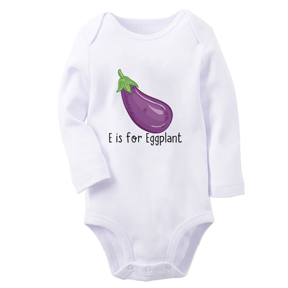 iDzn E is For Eggplant Funny Rompers, Newborn Baby Unisex Bodysuits, Infant Jumpsuits, Toddler Kids Long Sleeve Oufits (White, 6-12 Months)