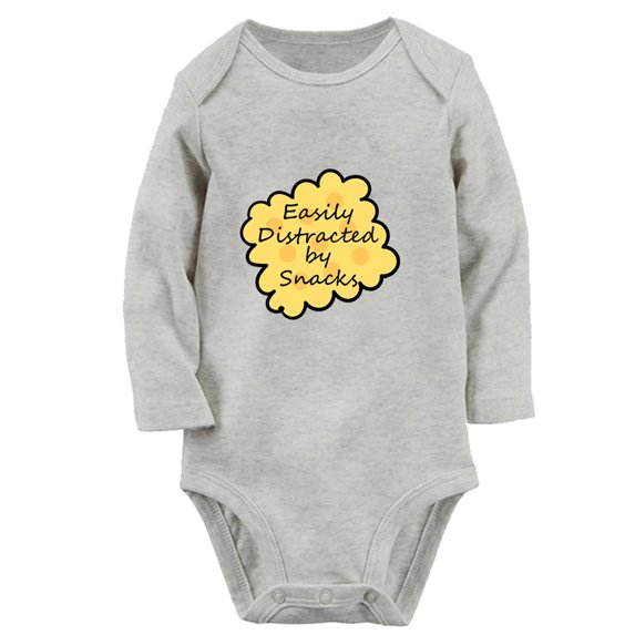 iDzn Easily Distracted by Snacks Funny Rompers, Newborn Baby Unisex Bodysuits, Infant Jumpsuits, Toddler Kids Long Sleeve Oufits (Gray, 6-12 Months)