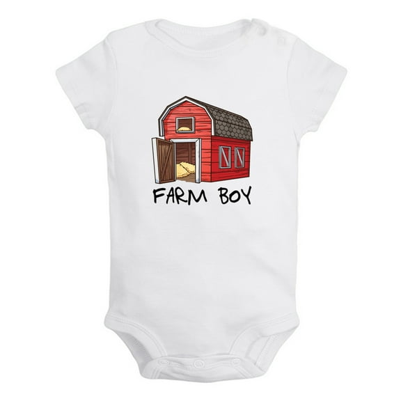 iDzn Farm Boy Funny Rompers For Babies, Newborn Baby Unisex Bodysuits, Infant Cute Red Barn Jumpsuits, Toddler 0-12 Months Kids One-Piece Oufits (White, 0-6 Months)