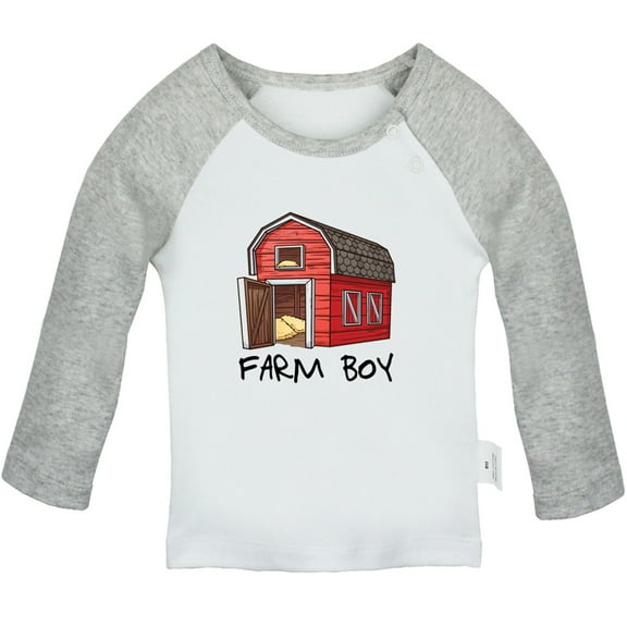 iDzn Farm Boy Funny T shirt For Baby, Newborn Babies T-shirts, Infant Red Barn Cute Tops, 0-24M Kids Graphic Tees Clothing (Long Gray Raglan T-shirt, 0-6 Months)
