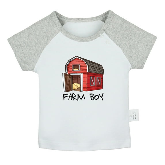 iDzn Farm Boy Funny T shirt For Baby, Newborn Babies T-shirts, Infant Red Barn Cute Tops, 0-24M Kids Graphic Tees Clothing (Short Gray Raglan T-shirt, 12-18 Months)