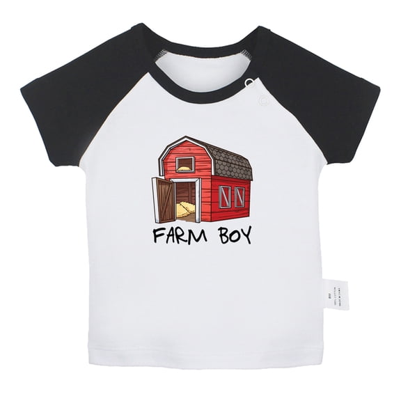 iDzn Farm Boy Funny T shirt For Baby, Newborn Babies T-shirts, Infant Red Barn Cute Tops, 0-24M Kids Graphic Tees Clothing (Short Black Raglan T-shirt, 12-18 Months)