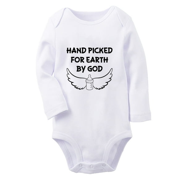 iDzn Hand Picked for Earth by God Funny Rompers, Newborn Baby Unisex Bodysuits, Infant Jumpsuits, Toddler Kids Long Sleeve Oufits (White, 0-6 Months)